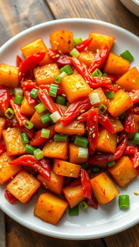 A colorful plate of Kimchi Potato Stir-Fry with crispy potatoes and spicy kimchi, garnished with green onions and sesame seeds.